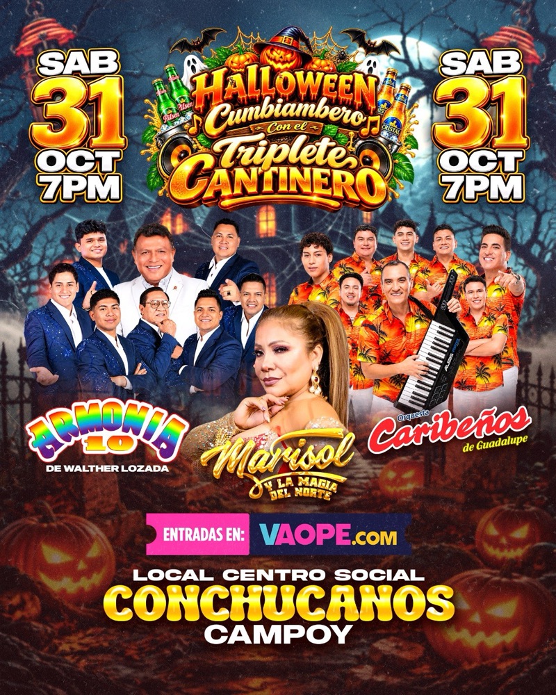Flyer Halloween Cumbiambero con el Triplete Cantinero, sábado 31 de octubre en Campoy